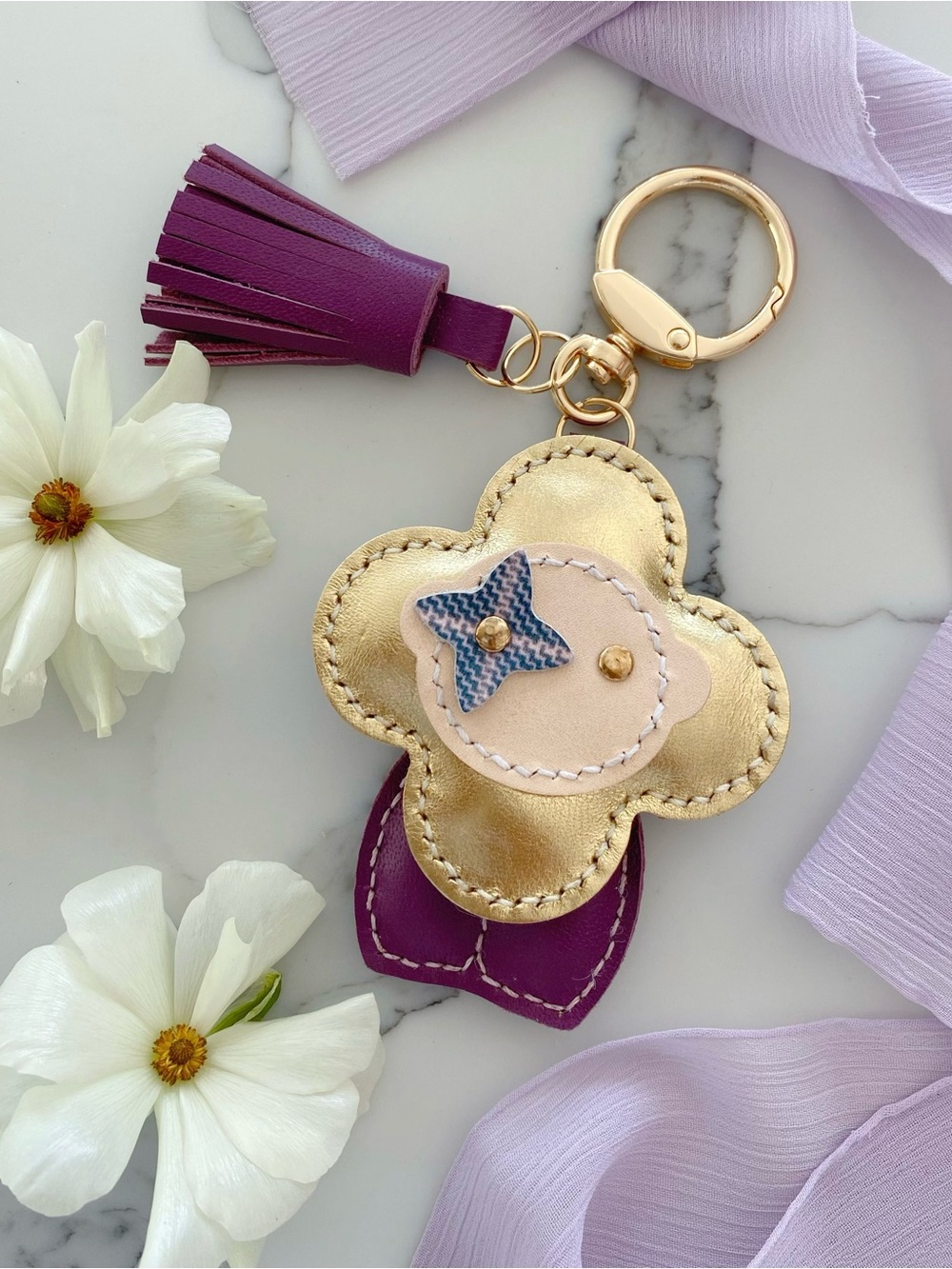 Handmade Floral Leather Bag Charm with Tassel - Gold
